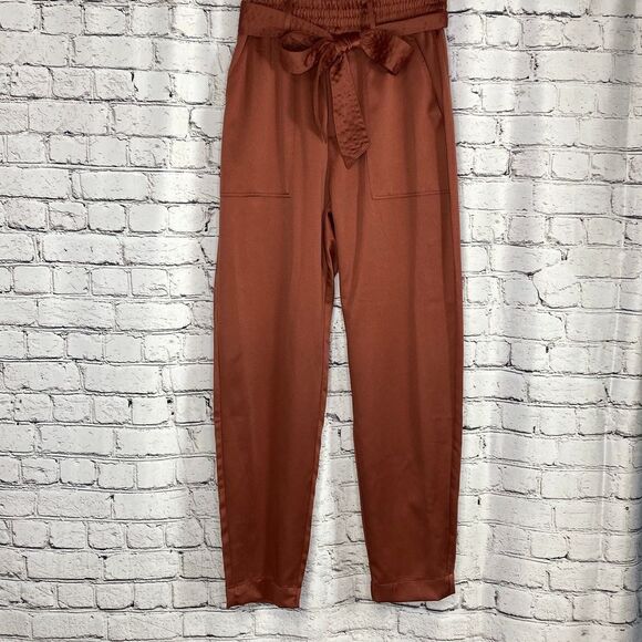 Abercrombie & Fitch Satin Paperbag High -Waist Tapered Pull -On Pants Rust M - Picture 2 of 9
